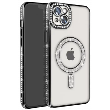 Newface Apple iPhone 15 Kılıf Joke Simli Magneticsafe Kılıf - Siyah