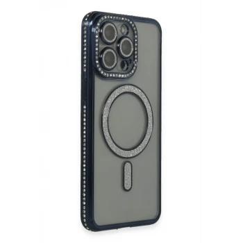 Newface Apple iPhone 15 Pro Kılıf Joke Simli Magneticsafe Kılıf - Lacivert