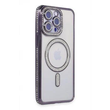 Newface Apple iPhone 15 Pro Max Kılıf Joke Simli Magneticsafe Kılıf - Derin Mor