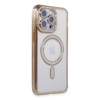 Newface Apple iPhone 15 Pro Max Kılıf Joke Simli Magneticsafe Kılıf - Gold