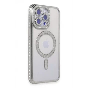 Newface Apple iPhone 15 Pro Max Kılıf Joke Simli Magneticsafe Kılıf - Gümüş