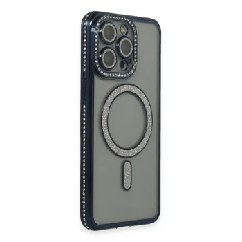 Newface Apple iPhone 15 Pro Max Kılıf Joke Simli Magneticsafe Kılıf - Lacivert