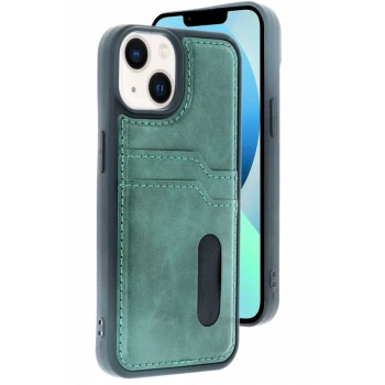 Newface Apple iPhone 15 Sara Kartvizitli Deri Kılıf - Yeşil