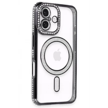 Newface Apple iPhone 16 Kılıf Joke Simli Magneticsafe Kılıf - Siyah