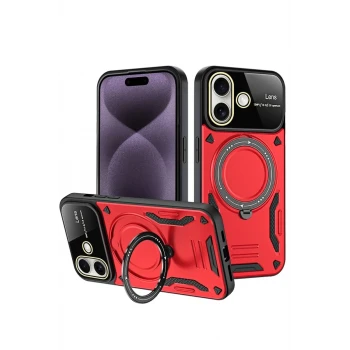 Newface Apple iPhone 16 Kılıf Joy Lens Standlı Kapak - Kırmızı