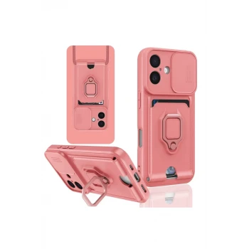 Newface Apple iPhone 16 Kılıf Zuma Kartvizitli Yüzüklü Silikon - Pembe