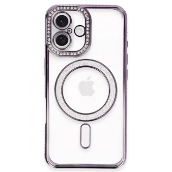 Newface Apple iPhone 16 Plus Kılıf Joke Simli Magneticsafe Kılıf - Derin Mor