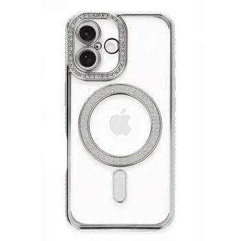 Newface Apple iPhone 16 Plus Kılıf Joke Simli Magneticsafe Kılıf - Gümüş