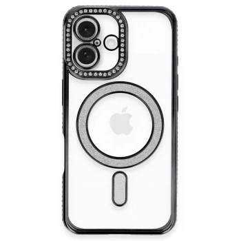 Newface Apple iPhone 16 Plus Kılıf Joke Simli Magneticsafe Kılıf - Siyah