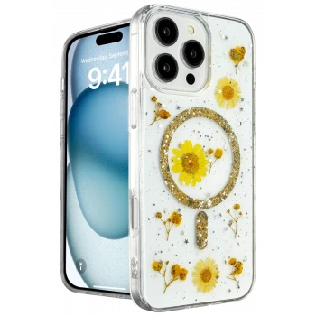 Newface Apple iPhone 16 Pro Kılıf Daisy Simli Magsafe Kapak - Gold