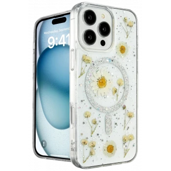 Newface Apple iPhone 16 Pro Kılıf Daisy Simli Magsafe Kapak - Gümüş