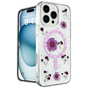 Newface Apple iPhone 16 Pro Kılıf Daisy Simli Magsafe Kapak - Mor