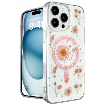 Newface Apple iPhone 16 Pro Kılıf Daisy Simli Magsafe Kapak - Pembe