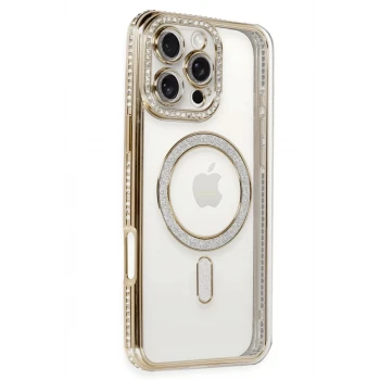 Newface Apple iPhone 16 Pro Kılıf Joke Simli Magneticsafe Kılıf - Gold