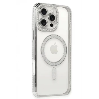 Newface Apple iPhone 16 Pro Kılıf Joke Simli Magneticsafe Kılıf - Gümüş