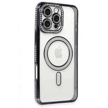 Newface Apple iPhone 16 Pro Kılıf Joke Simli Magneticsafe Kılıf - Siyah