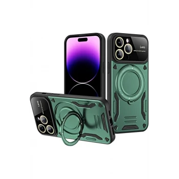 Newface Apple iPhone 16 Pro Kılıf Joy Lens Standlı Kapak - Koyu Yeşil