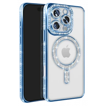 Newface Apple iPhone 16 Pro Max Kılıf Joke Simli Magneticsafe Kılıf - Mavi