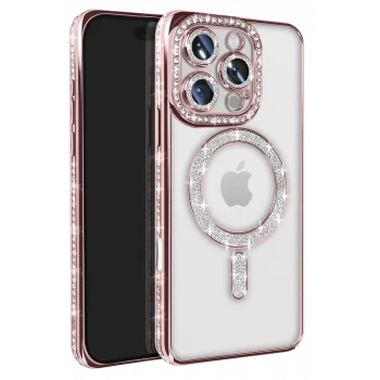Newface Apple iPhone 16 Pro Max Kılıf Joke Simli Magneticsafe Kılıf - Pembe