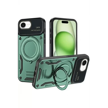 Newface Apple iPhone 16E Kılıf Joy Lens Standlı Kapak - Koyu Yeşil