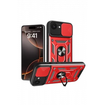 Newface Apple iPhone 16E Kılıf Pars Lens Yüzüklü Silikon - Kırmızı