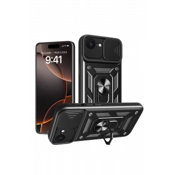 Newface Apple iPhone 16E Kılıf Pars Lens Yüzüklü Silikon - Siyah