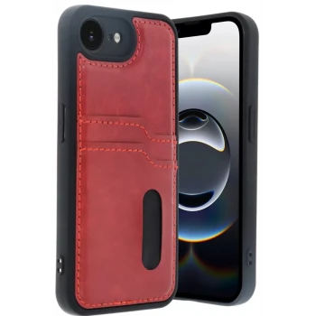 Newface Apple iPhone 16E Kılıf Sara Kartvizitli Deri Kılıf - Kırmızı