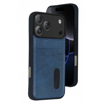 Newface Apple iPhone 17 Pro Max Sara Kartvizitli Deri Kılıf - Lacivert
