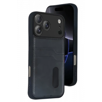 Newface Apple iPhone 17 Pro Sara Kartvizitli Deri Kılıf - Siyah