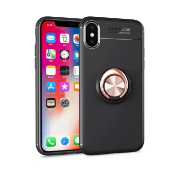 Newface Apple iPhone XS Max Kılıf Range Yüzüklü Silikon - Siyah-Gold