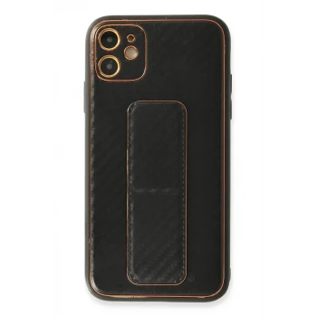 Newface Apple iPhone 12 Kılıf Coco Karbon Standlı Kapak - Siyah