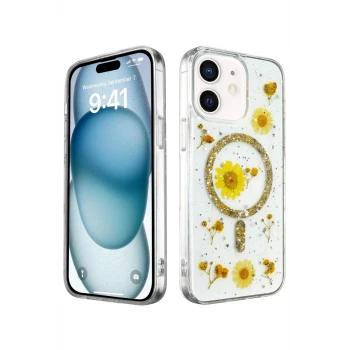 Newface Apple iPhone 12 Kılıf Daisy Simli Magsafe Kapak - Gold