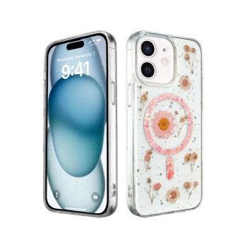 Newface Apple iPhone 12 Kılıf Daisy Simli Magsafe Kapak - Pembe
