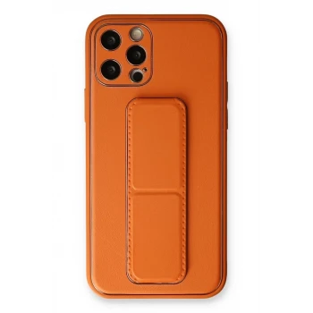 Newface Apple iPhone 12 Pro Kılıf Coco Deri Standlı Kapak - Turuncu