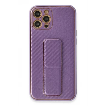 Newface Apple iPhone 12 Pro Kılıf Coco Karbon Standlı Kapak - Mor