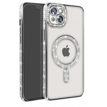 Newface Apple iPhone 14 Kılıf Joke Simli Magneticsafe Kılıf - Gümüş