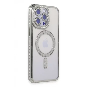Newface Apple iPhone 14 Pro Max Kılıf Joke Simli Magneticsafe Kılıf - Gümüş
