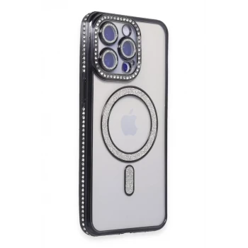 Newface Apple iPhone 15 Pro Kılıf Joke Simli Magneticsafe Kılıf - Siyah