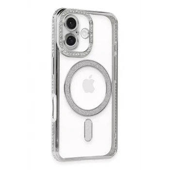 Newface Apple iPhone 16 Kılıf Joke Simli Magneticsafe Kılıf - Gümüş