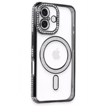 Newface Apple iPhone 16 Kılıf Joke Simli Magneticsafe Kılıf - Siyah