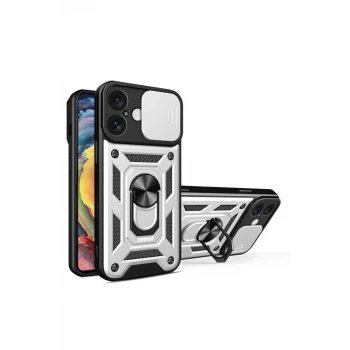 Newface Apple iPhone 16 Kılıf Pars Lens Yüzüklü Silikon - Gümüş