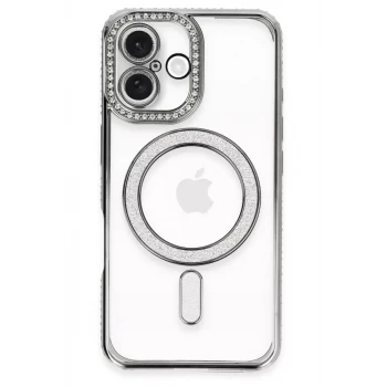 Newface Apple iPhone 16 Plus Kılıf Joke Simli Magneticsafe Kılıf - Gri