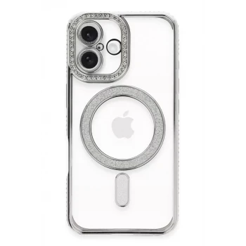Newface Apple iPhone 16 Plus Kılıf Joke Simli Magneticsafe Kılıf - Gümüş