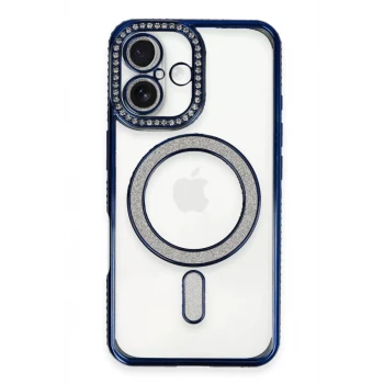 Newface Apple iPhone 16 Plus Kılıf Joke Simli Magneticsafe Kılıf - Lacivert