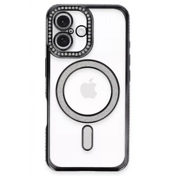 Newface Apple iPhone 16 Plus Kılıf Joke Simli Magneticsafe Kılıf - Siyah