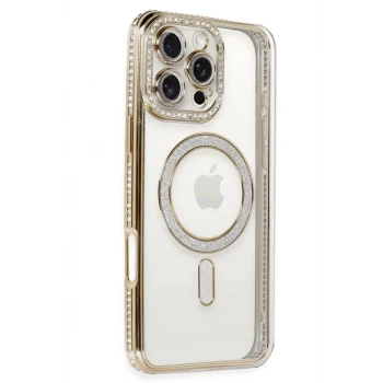 Newface Apple iPhone 16 Pro Kılıf Joke Simli Magneticsafe Kılıf - Gold