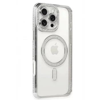 Newface Apple iPhone 16 Pro Kılıf Joke Simli Magneticsafe Kılıf - Gümüş