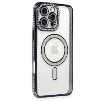 Newface Apple iPhone 16 Pro Kılıf Joke Simli Magneticsafe Kılıf - Siyah