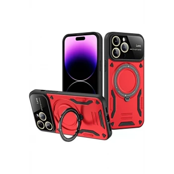 Newface Apple iPhone 16 Pro Kılıf Joy Lens Standlı Kapak - Kırmızı