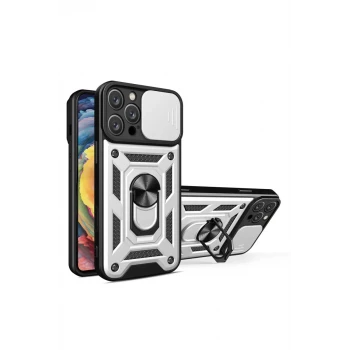 Newface Apple iPhone 16 Pro Kılıf Pars Lens Yüzüklü Silikon - Gümüş